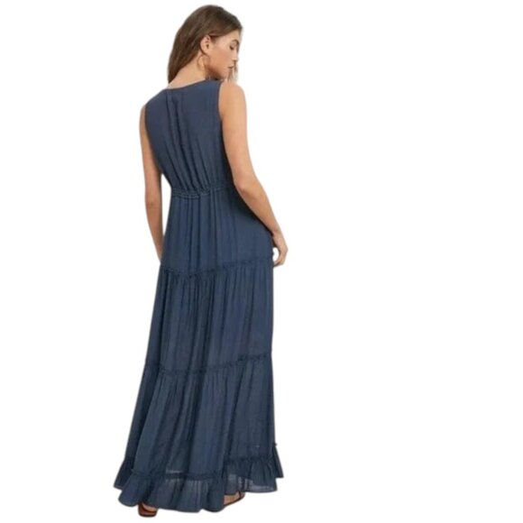 NWOT Wishlist Sleeveless Tiered Ruffle Hem Slate Blue Maxi Dress Sz L - Picture 4 of 4